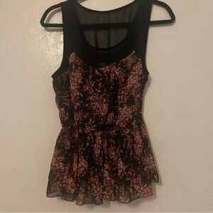 LC Lauren Conrad Black and Pink Floral Peplum Blouse